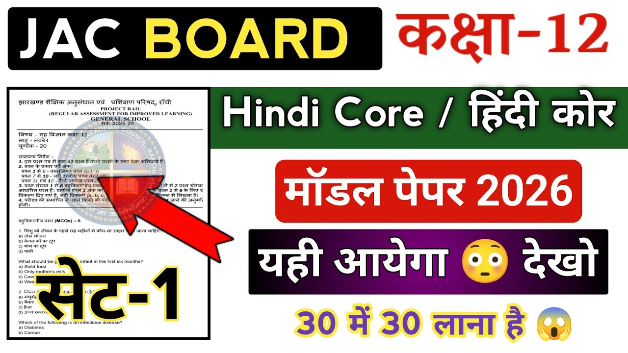 Class 12 Hindi Core Model Paper 2026 | SET-1 | जल्दी देखो 😳 | Jac 12th Hindi Core Objective 2026