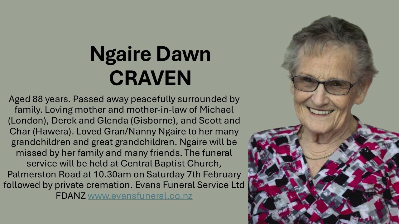 Memorial service for Ngaire Dawn Craven 2.1.1938 - 1.2.2026