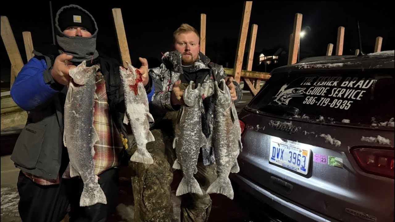 Michigan live scope salmon / steelhead Ice fishing! 15 salmon steelhead though the ice in 30 minutes