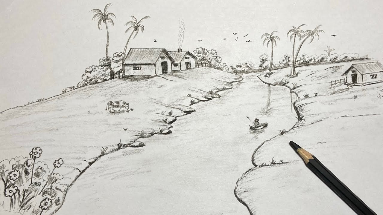Landscape Scenery Drawing Step by Step | Village and River Side Nature Drawing for Beginners | #art