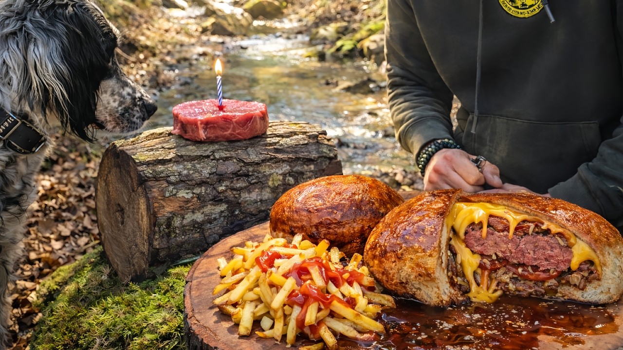 Juicy Sealed Burger & Crispy Fries in Nature | ASMR Outdoor Cooking