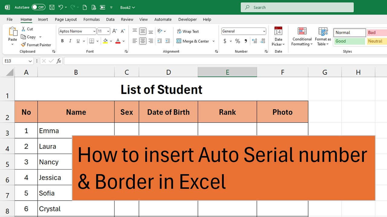 How to insert Auto Serial number & Border in Excel_Microsoft 365