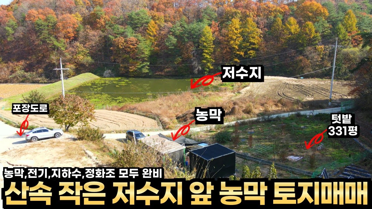산속 작은 저수지 큰연못 앞땅 매매 농막 전기 지하수 정화조 모두 완비 포장도로접 버스정류장 500m 동네에서 떨어진 사람없는 한적한 위치 각종 유실수 제천 봉양읍 구곡리 토지매매