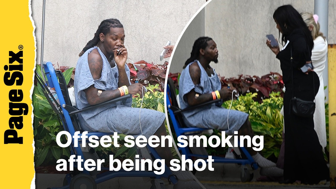 Offset smokes cigarette outside hospital after being shot on the leg