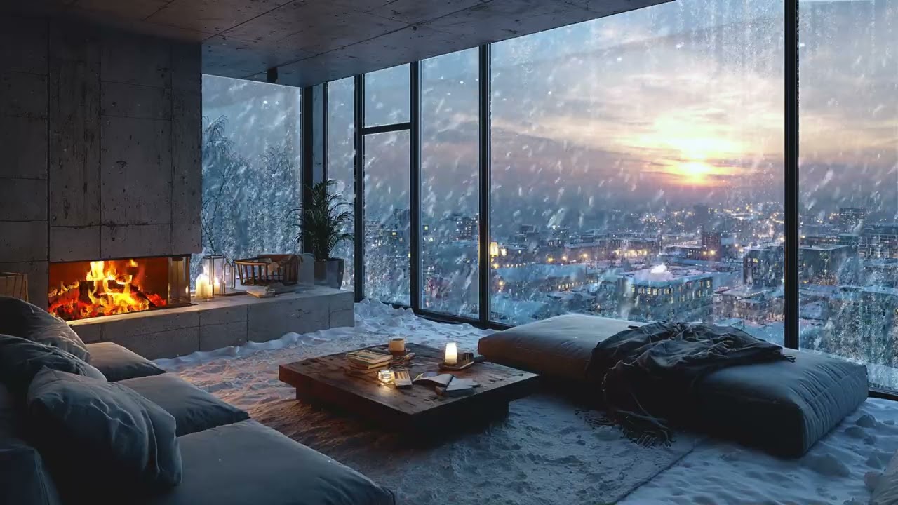 Snowy city ambience from a warm modern apartment for deep sleep relaxation and peaceful study focus