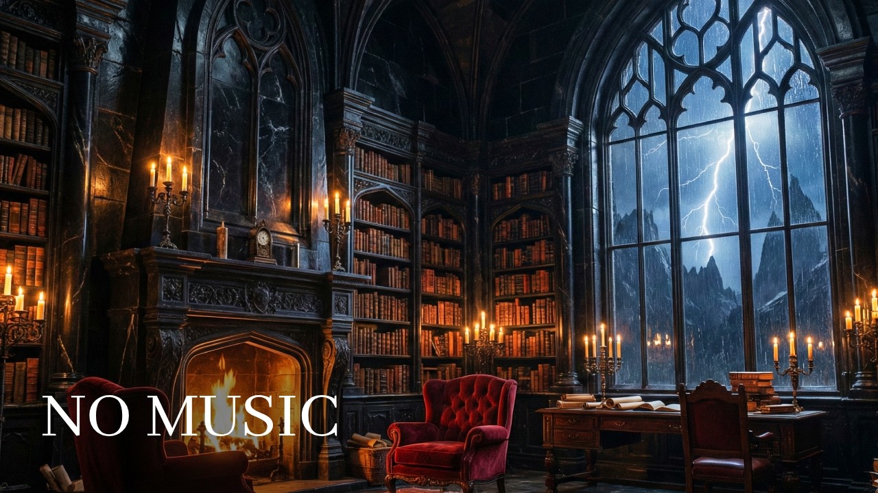 The Obsidian Library Ambience - Heavy Rain, Thunder & Fire - NO MUSIC | Dark Academia