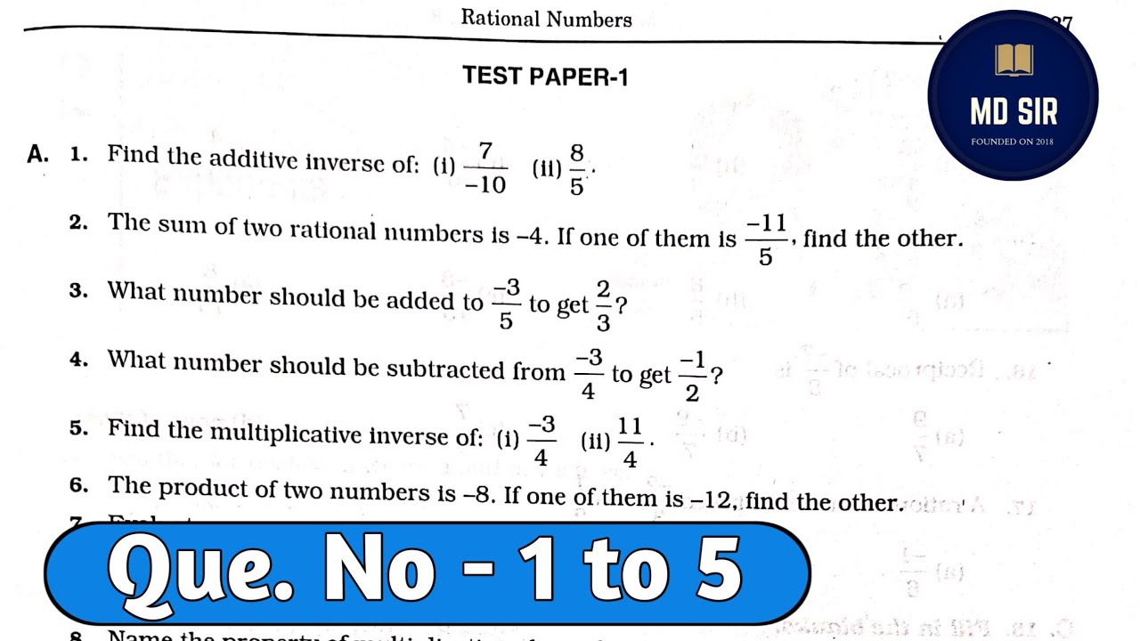 Rs Aggarwal Class 8 | Test Paper 1 Q.N. 1 to 5 | Chapter 1 Rational Numbers | Md Sir