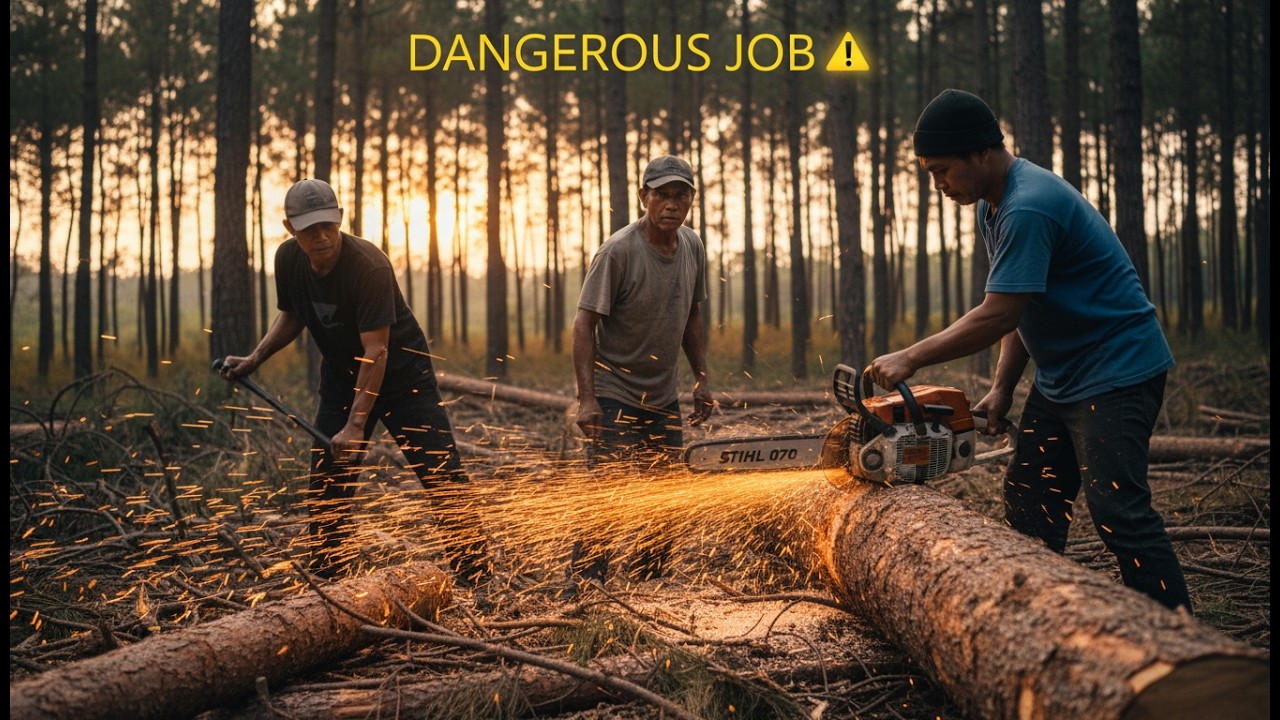 Extreme Logging: Felling a Massive Tree Near Power Lines for High-End Wood ‼️