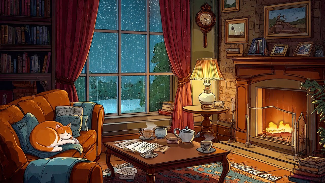 A Soft Rainy 1950s Night with Oldies Playing in Another Room | Rain & Fireplace Ambience to Relax
