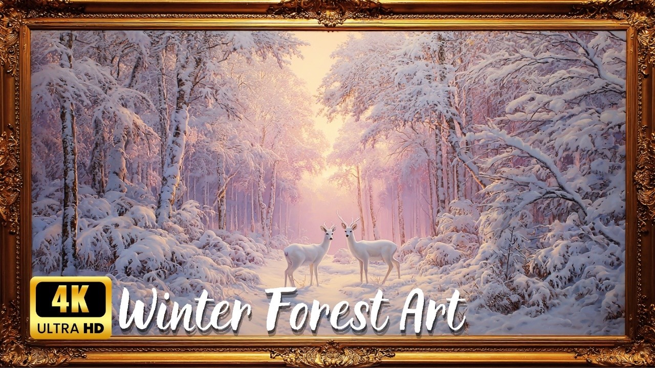 4K Frame TV Art • Snowy Forest with White Deer | Winter Wall Art for Your TV (2 Hours)