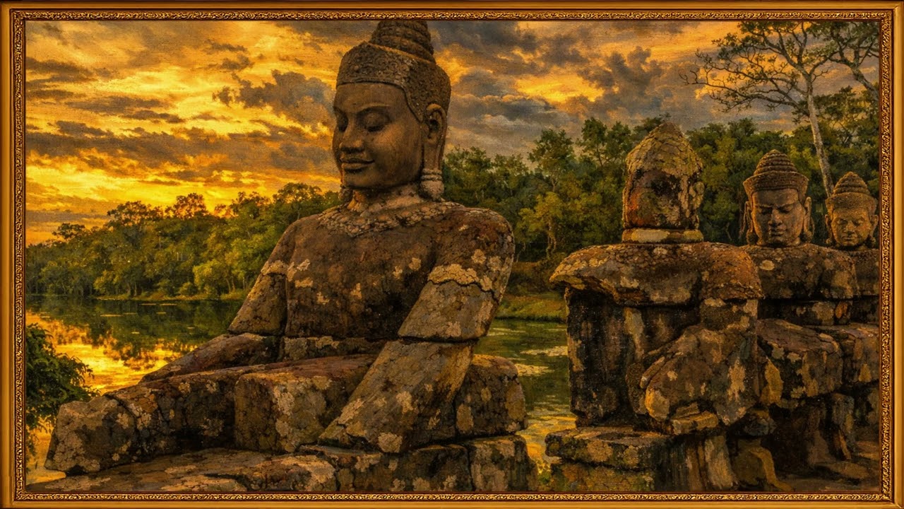 A gate was built across the Om River to cross to Bayon Temple | 4K Framed TV Art Screensaver