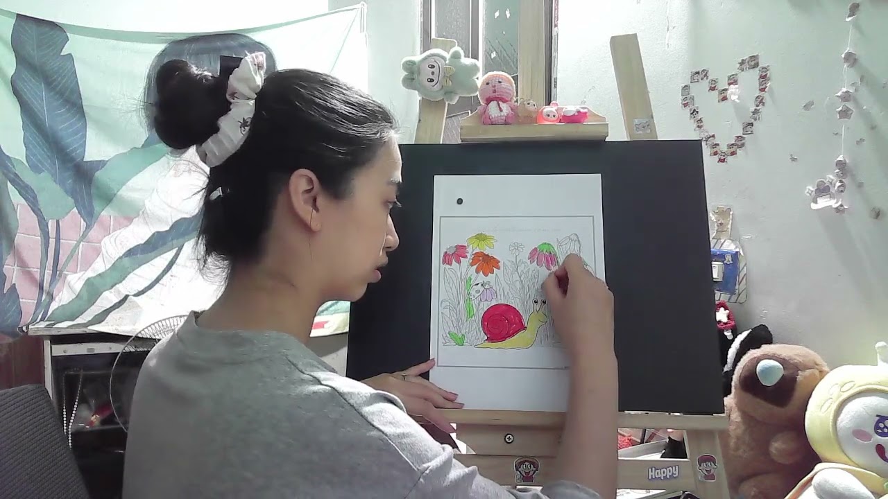 Coloring page of a snail crawling around in a flower forest.