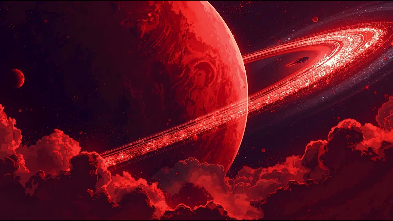 Cosmic Inferno: Exploring the Rings of a Blood-Red World Pixel art Wallpaper 4K