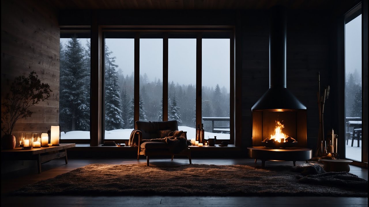 Cozy Fireplace at Night | Snowfall Outside Window, Warm Winter Ambience for Sleep & Relaxation