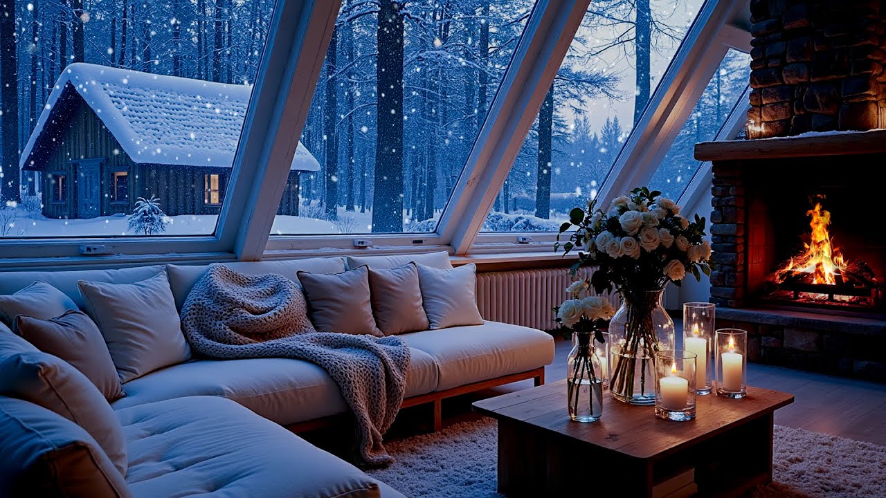 Soft Winter Piano Night ❄️🕯️ | White Room with Snowy Window & Fireplace for Deep Focus, Calm