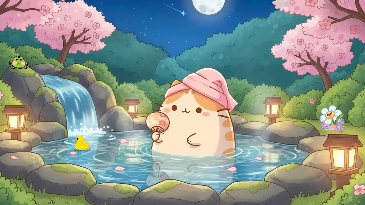 Pusheen’s Relaxing Onsen 🌸 Night Lofi Music for Sleep & Chill 🌙 Sakura Hot Spring