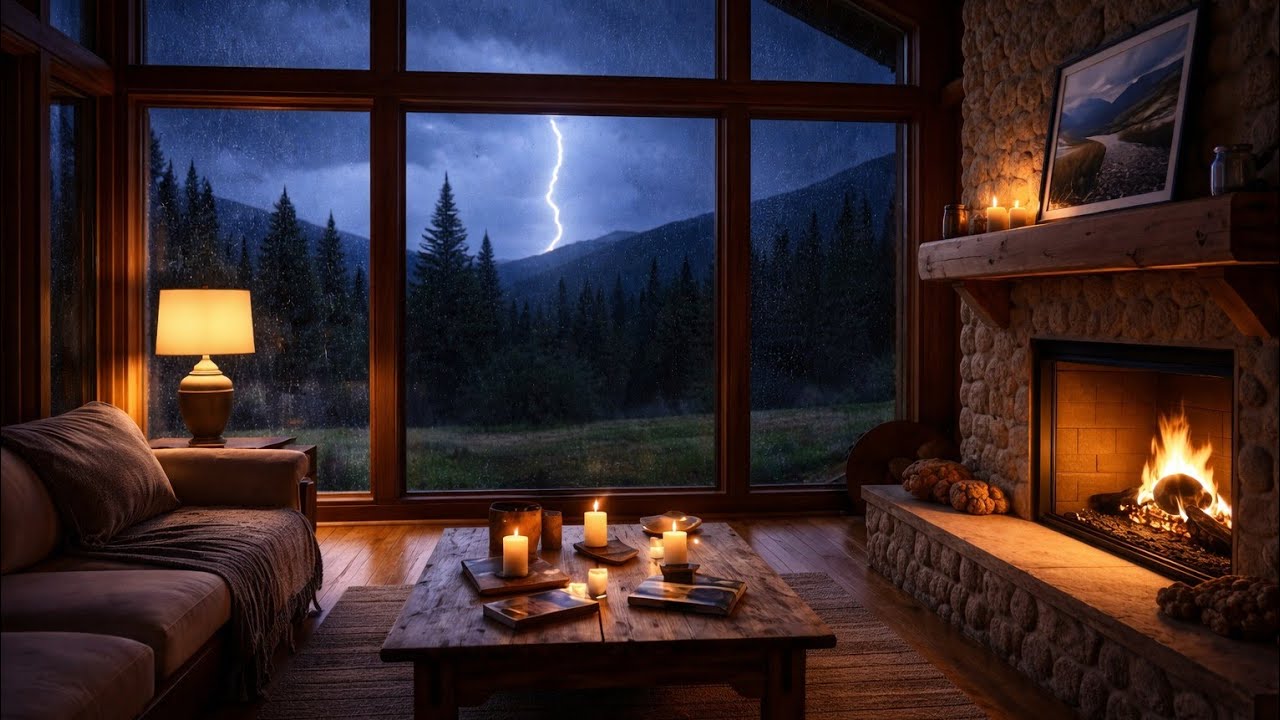 Cozy Cabin in a Rainstorm 🌧️ Heavy Rain, Thunder & Fireplace Sounds for Sleeping (1 Hour)