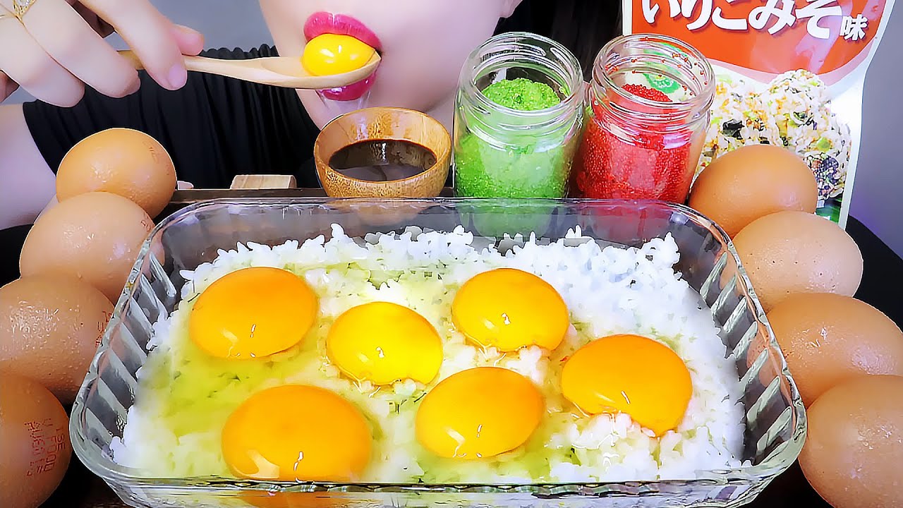 ASMR EATIN RAW EGGS WITH RICE AND FLYING FISH ROE , EATING SOUNDS | LINH-ASMR
