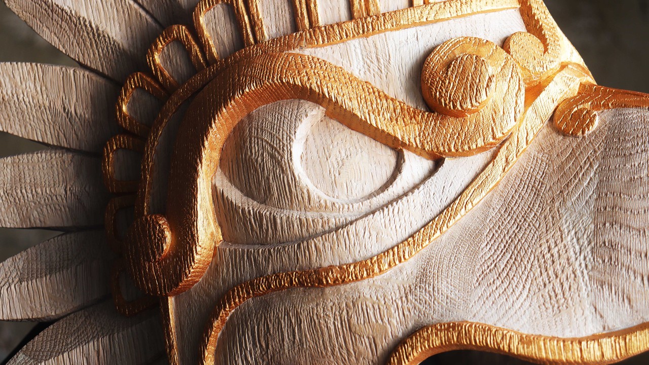Mayan Eagle Helmet. Wood carving, oak.