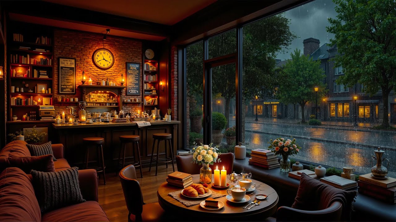 Relaxing Jazz Music in Cozy Library Coffee Shop 🌧️ Gentle Jazz Piano & Rain Sounds for Work, Study