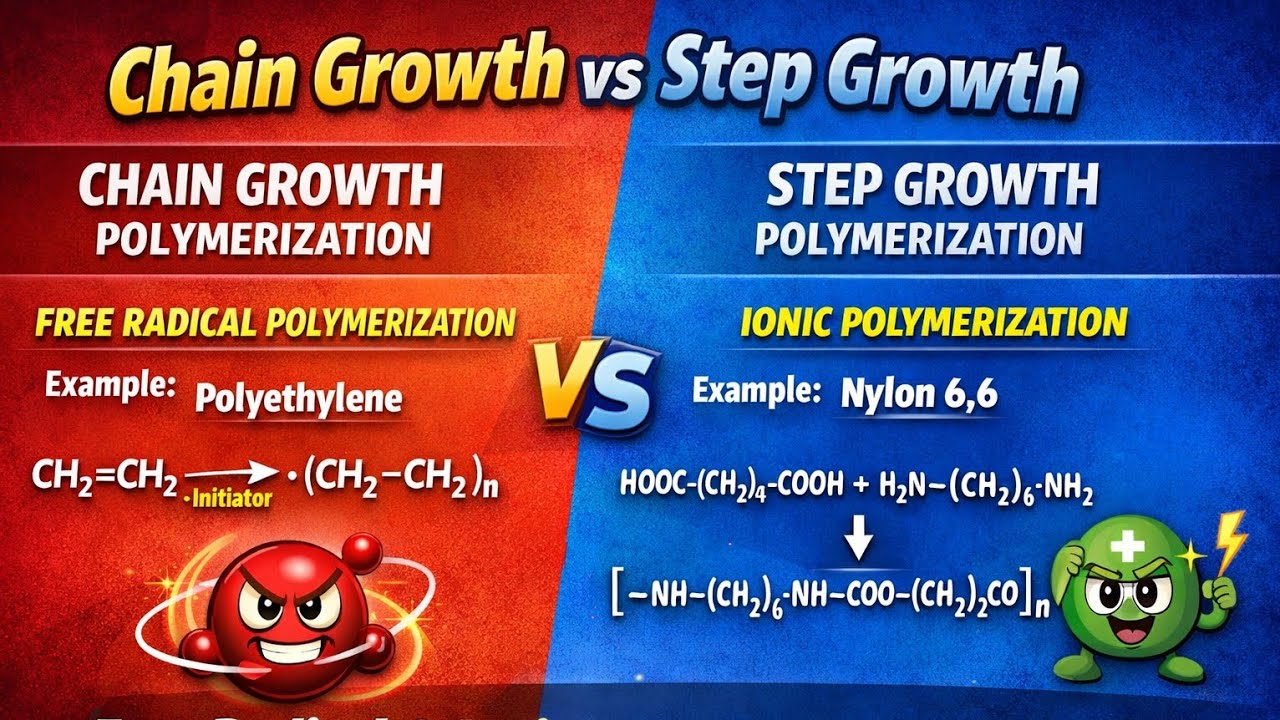 Differentiate chain growth and step growth polymerization. Explain free radical & ionic polymeriza