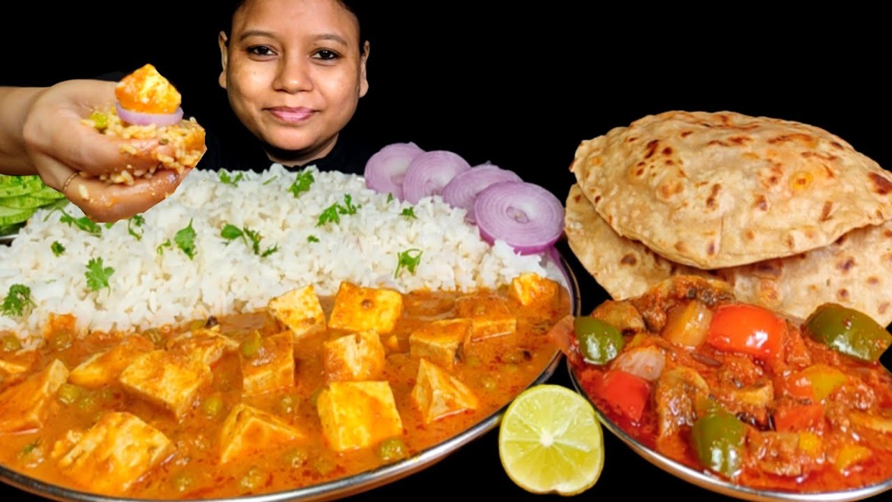 Eating Matar Paneer, Spicy Mushroom Capsicum Masala Gravy,Corn Paratha & Rice | Eating Show |Mukbang