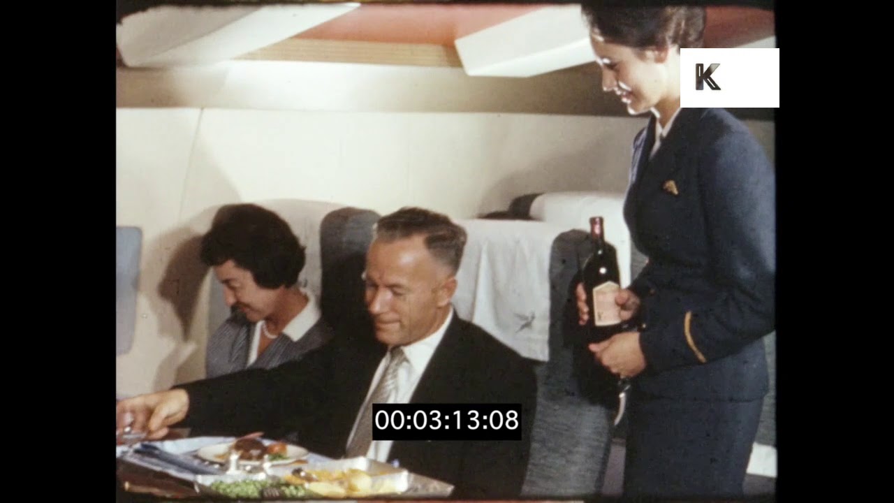 Еда в самолете 1960-х годов, первый класс и эконом-класс, HD с 16-мм плёнки