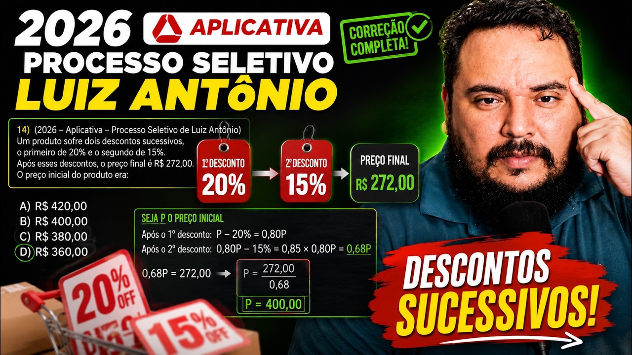 2026 – Aplicativa – Processo Seletivo de Luiz Antônio - Um produto sofre dois descontos sucessivos