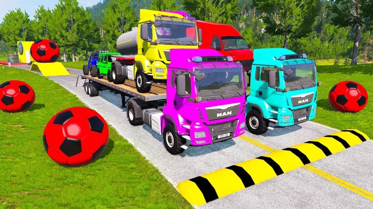 TRANSPORTING PIXAR CARS & FRUITS WITH COLORED & JOHN DEERE vs CLAAS vs TRACTORS   BeamNG drive 