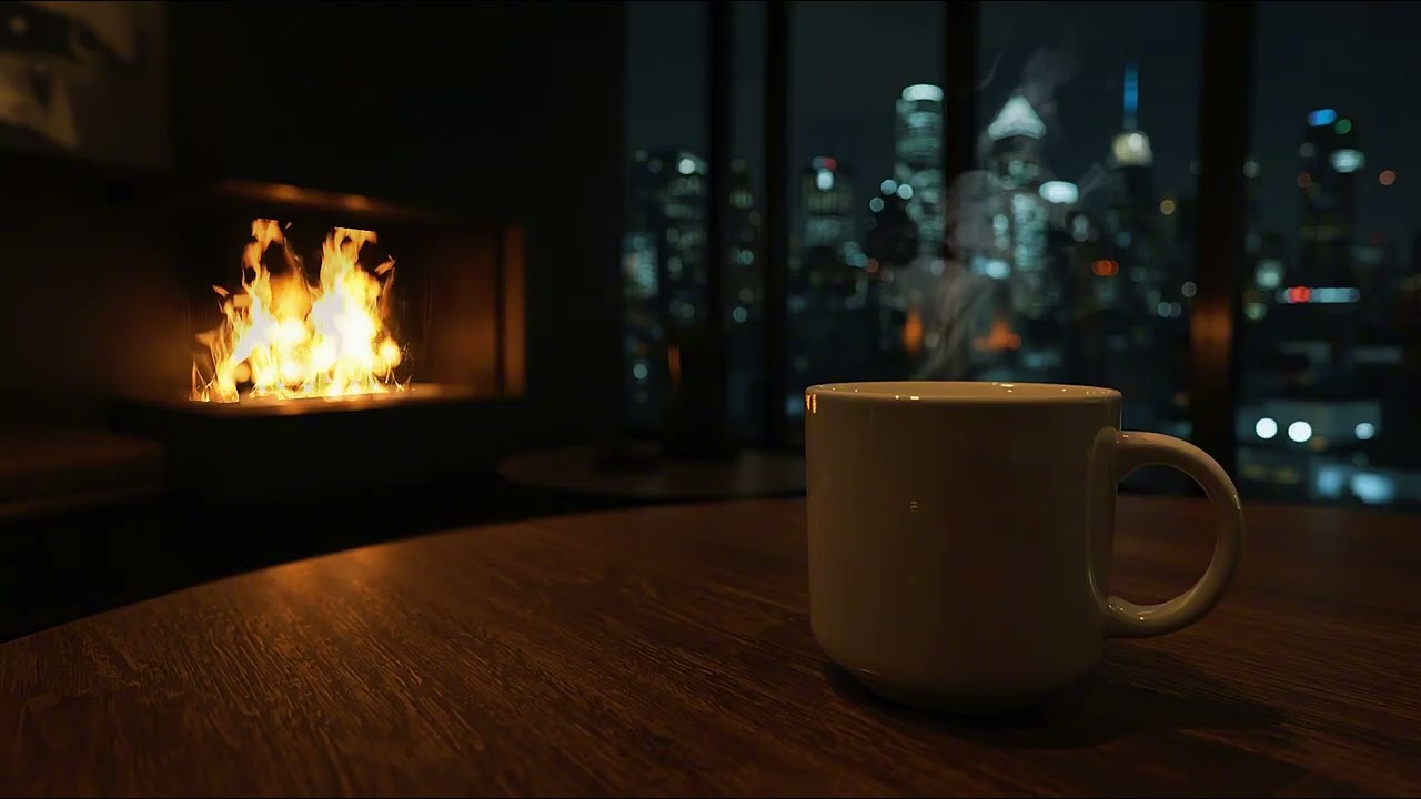 Cozy Fireplace Night ☕ Calm City View for Deep Focus, Relaxation & Sleep