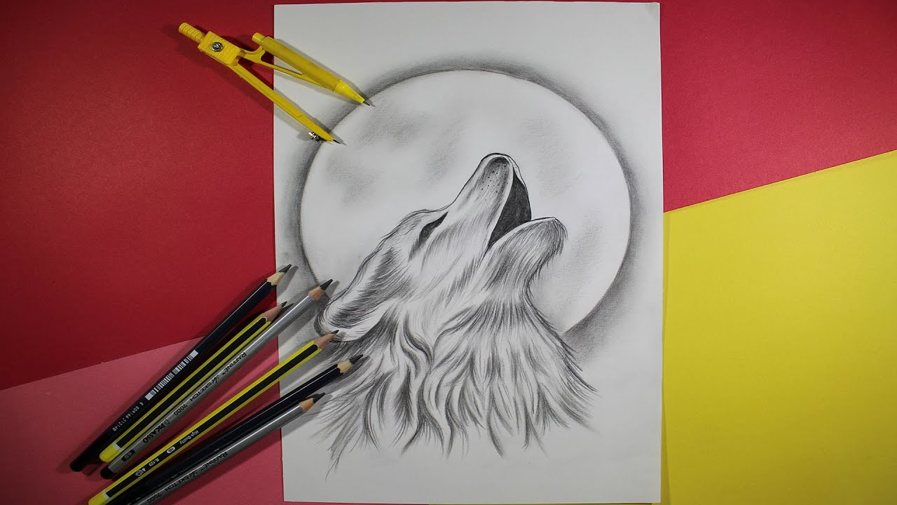 how to draw a wolf howling at the moon - tutorial step by step drawing