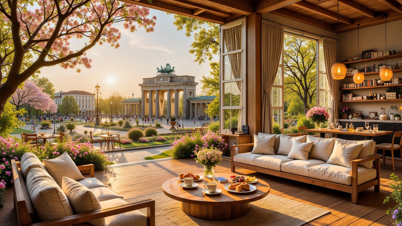 Berlin Spring Morning ☕ Brandenburg Gate Coffee Shop Ambience  & Relaxing Smooth Jazz Instrumental 🌿