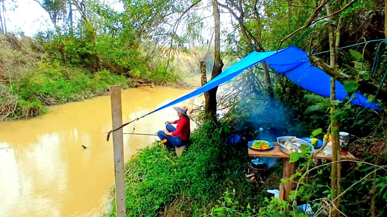 Montamos o acampamento na beira do rio   Pescaria só os de gigantes  