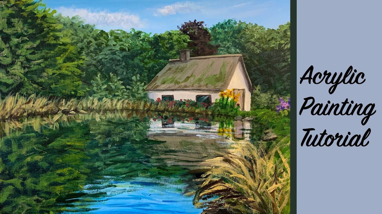 White Cottage by the Pond Acrylic Painting Tutorial