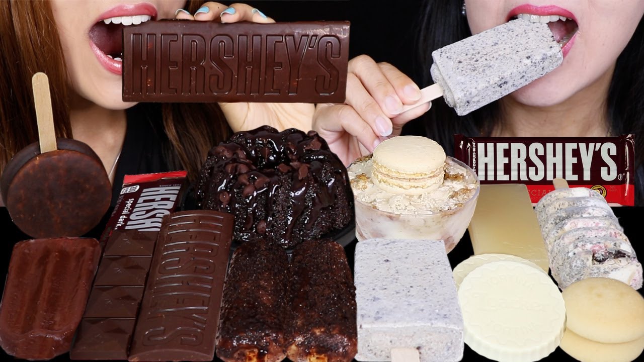 ASMR HERSHEY'S DARK CHOCOLATE BAR, MARSHMALLOW PIE POP, CHOCOLATE CAKE, CARAMEL, MILK & COOKIE BAR먹방