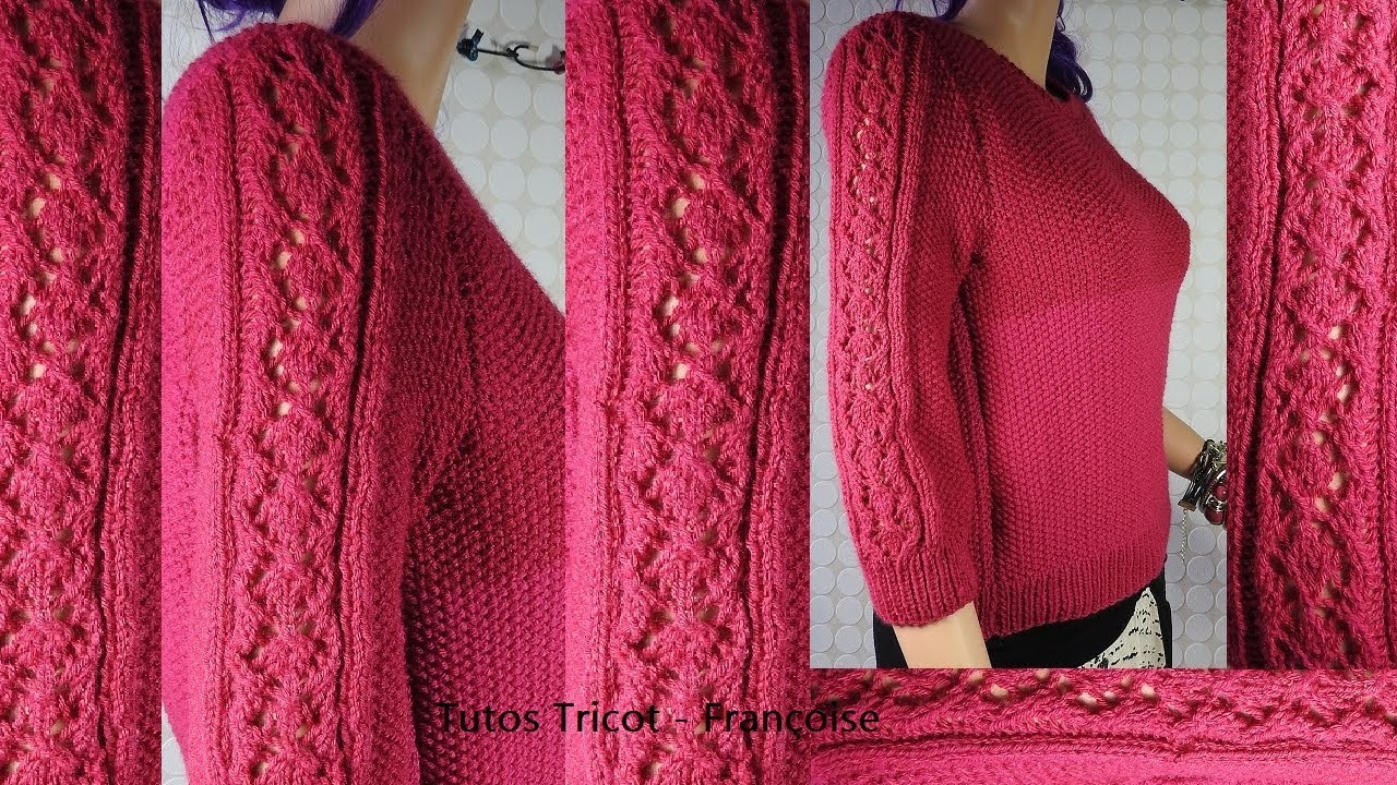 Tuto tricot pull femme manches 3/4 point de riz & point ajouré en taille 34-36 (38-40/42/44)