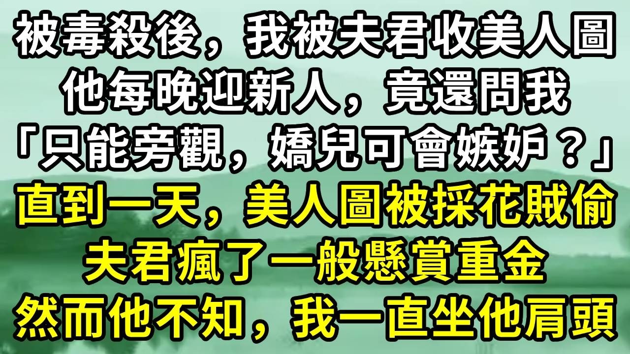 被毒殺後，我被夫君收美人圖。他每晚迎新人，竟還問我「只能旁觀，嬌兒可會嫉妒？」直到一天，美人圖被採花賊偷。夫君瘋了一般懸賞重金。然而他不知，我一直坐他肩頭#小说
