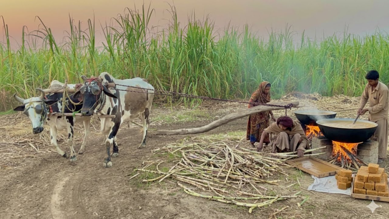 Desi Organic Old Sugarcane Juice Making Process On Bulls || Desi Jaggery Making Process || Punjab 