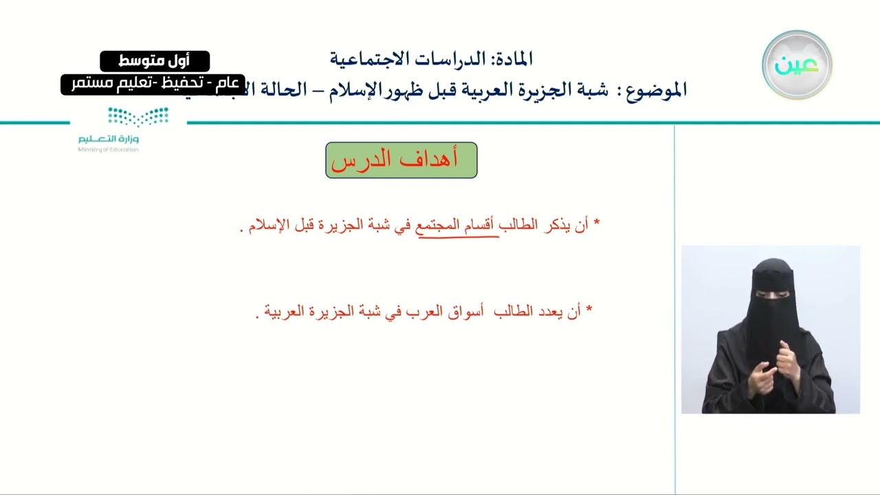 شبة الجزيرة العربية قبل ظهور الإسلام - الحالة الاجتماعية - الدراسات الاجتماعية - أول متوسط