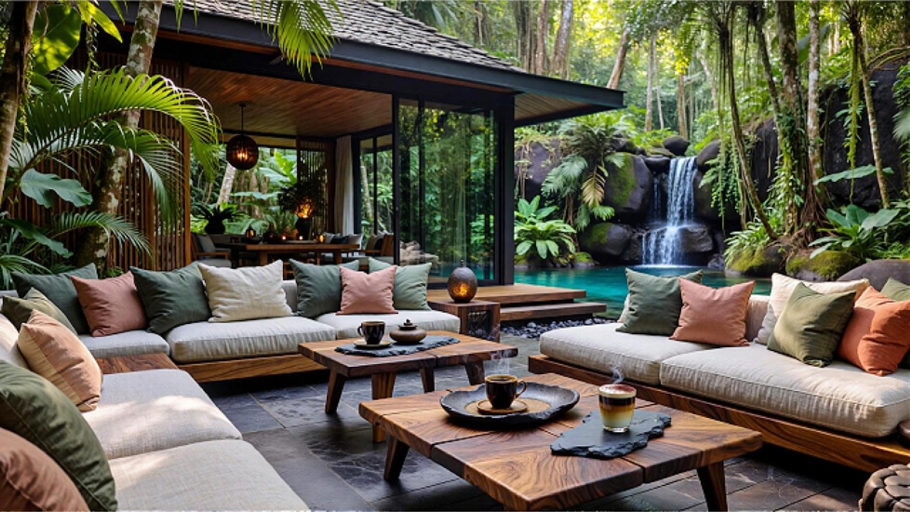 Tranquil Outdoor Coffee Jazz in the Forest Waterfall ☕🌿 Smooth Jazz & Nature Ambience for Relaxation