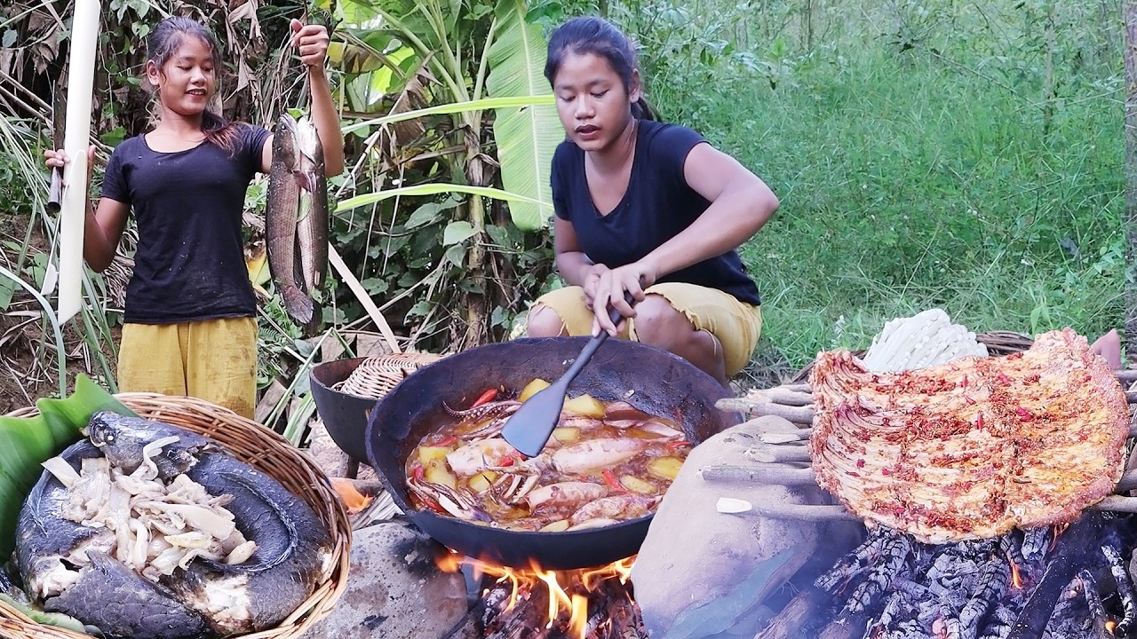Beef rips spicy grill so delicious food for lunch, fish steamed with Banana tree for jungle food