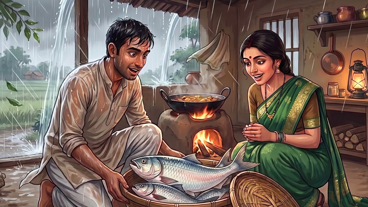 1990s Rainy Indian Village Life 🌧️ | Father Catches Fish, Village Mother Cooks | Ghibli ASMR