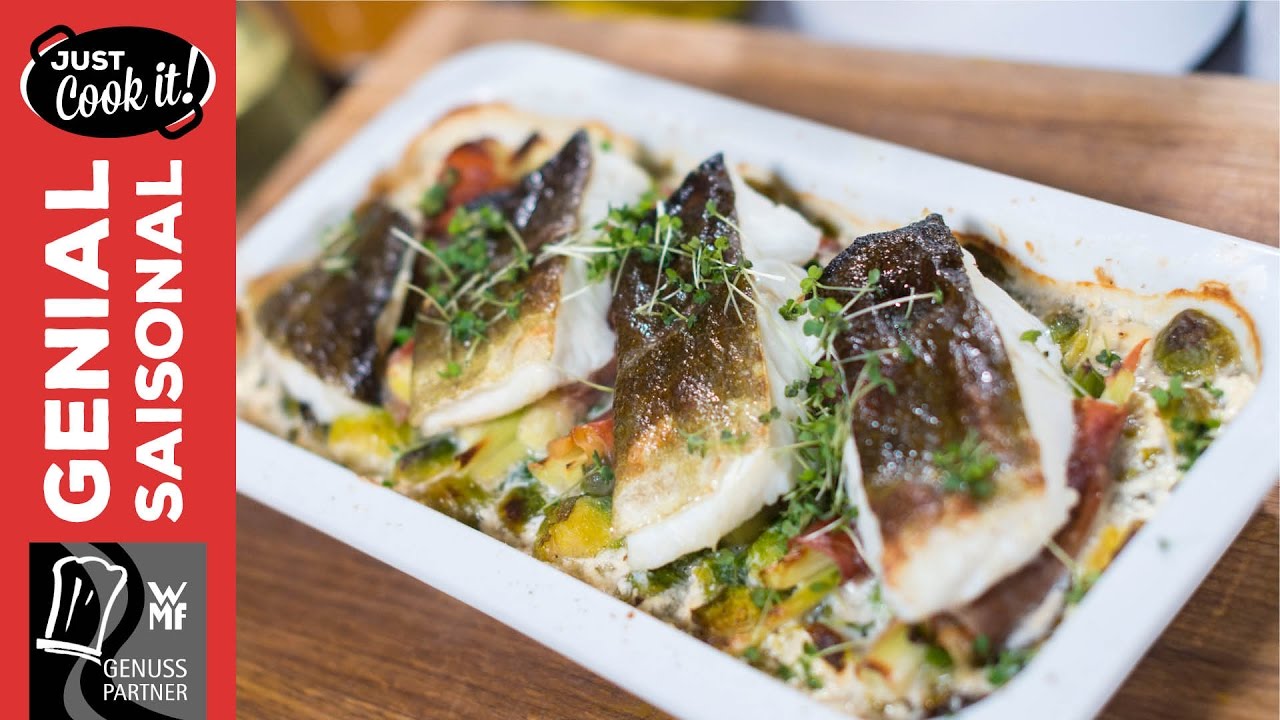 Winterkabeljau auf Lauchzwiebeln und Schmand-Rosenkohl | Genial Saisonal