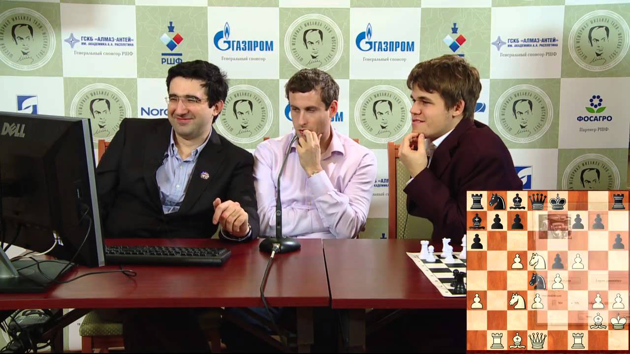 Tal Memorial, 2011. Round 3. Vladimir Kramnik and Magnus Carlsen analyzing their game
