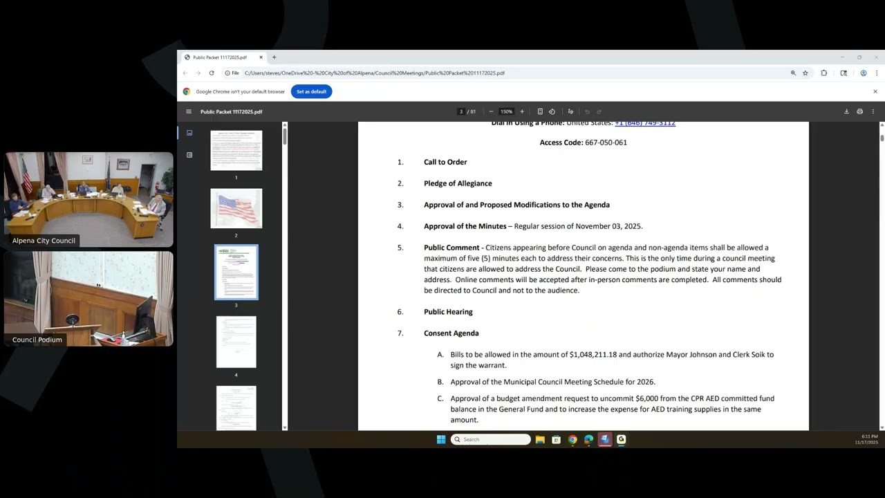 Alpena, MI City Council Meeting, November 17, 2025