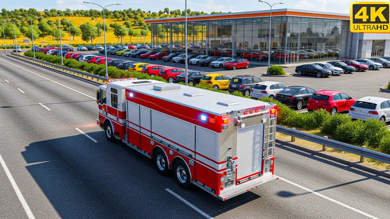 4K Fire Truck Emergency Drive 🚒 | Realistic Simulation Near Car Showroom