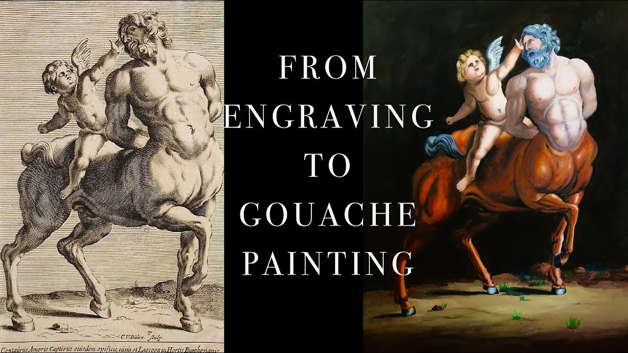 Convert Fran&ccedil;ois Perrier's The statue of the centaur with a Cupid into a Gouache Painting