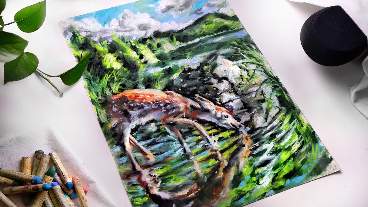 ASMR Drawing a Deer with Oil Pastels (no talking)