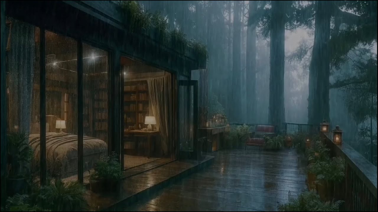 Heavy Rain on a Cozy Cabin Deck | Forest Night Sounds for Sleep