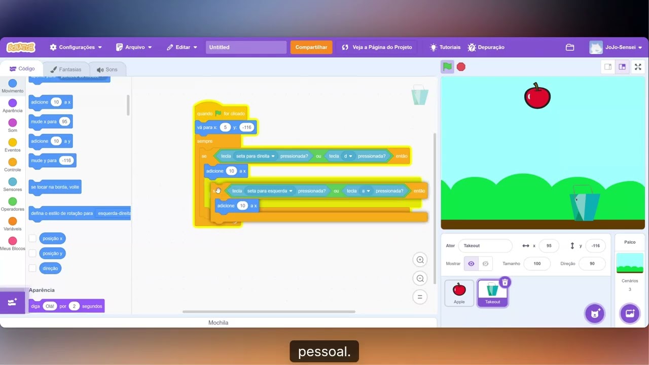 vídeo 4  dois jogos fácil de programar - O baldinho que pega maças e caça rato